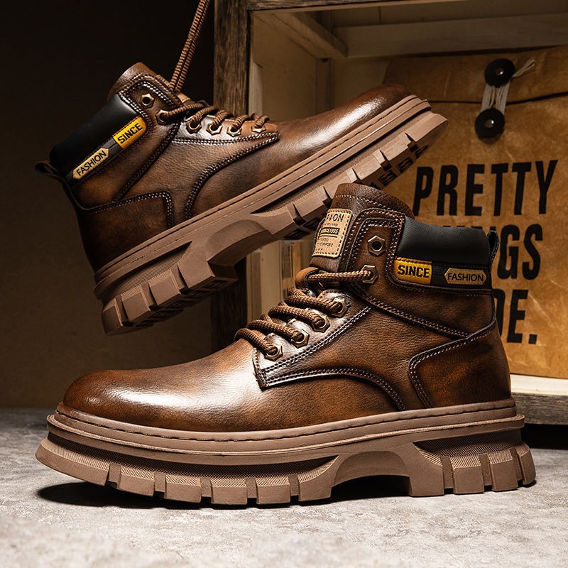 Leather Work Flats - Stivaletti con plateau da uomo vintage