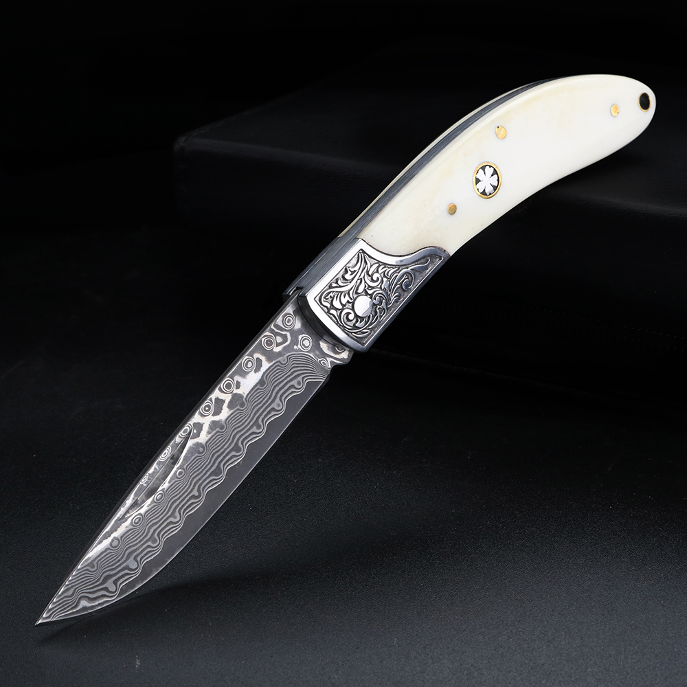 Bone Folder Tool - Coltello pieghevole in acciaio damascato con